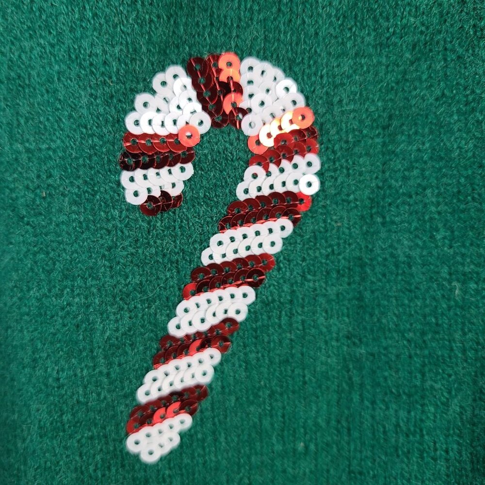 Luna Ivy Green Candy Cane Sequin Sweater Acrylic Blend Christmas Pullover Sz M - Picture 3 of 7